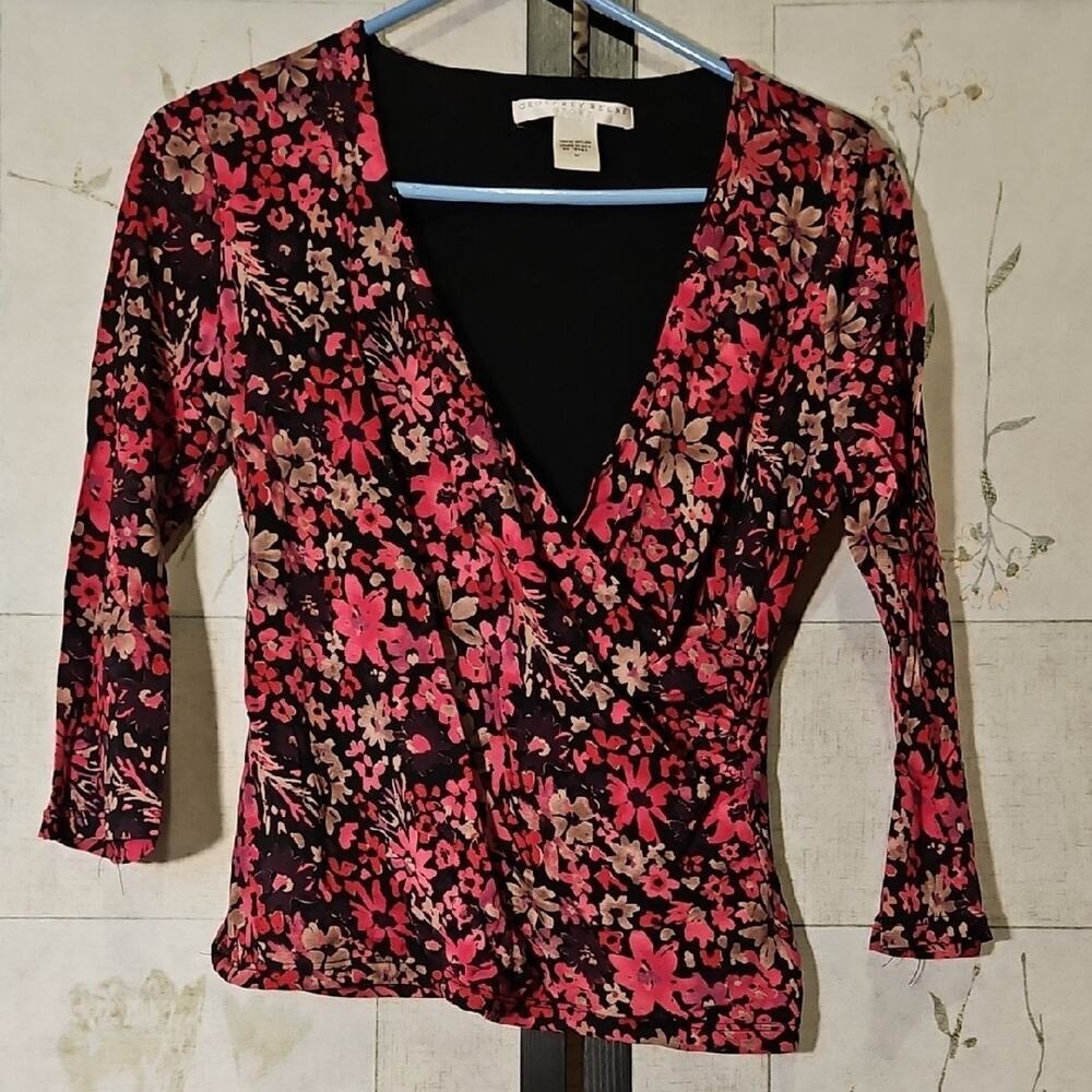Geoffrey Beene Black and Pink 3/4 Sleeve Wrap Blouse